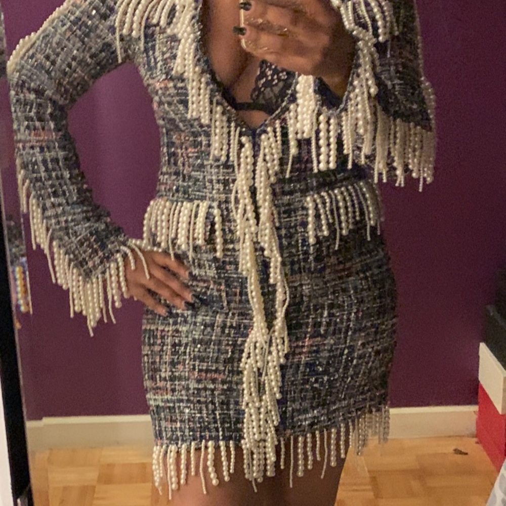 Exclusive tweed dress with pearls deep neck medium fit not too tight! Cocktail